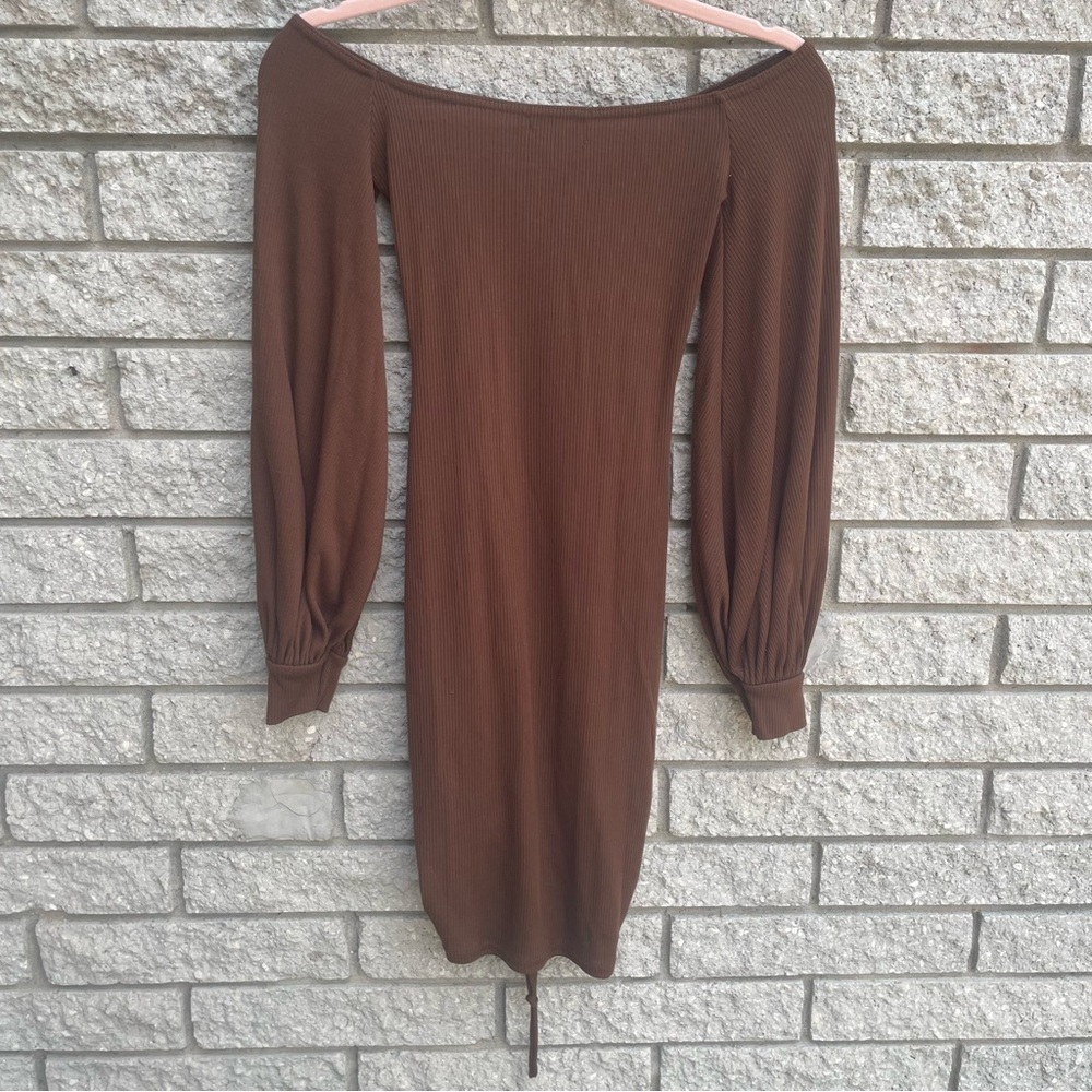 Pretty Little Thing Brown Ribbed Balloon Sleeve Ruched Bodycon Dress XS - Picture 6 of 8